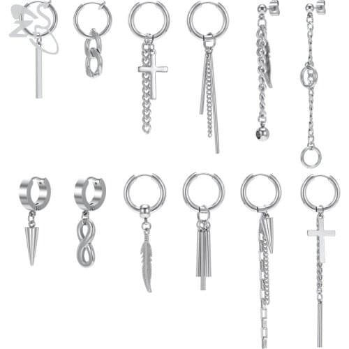 ZS 6-12 Pcs/lot Korea Kpop Drop Earrings Cross Chain Pendant Earring Stainless Steel Tassel No Piercing Earring Chic Accessories