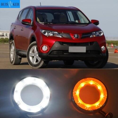 2pcs LED Daytime Running Light With Fog Lamp Hole For Toyota RAV4 2012 2013 Yellow Turning Signal Waterproof ABS 12V Car DRL