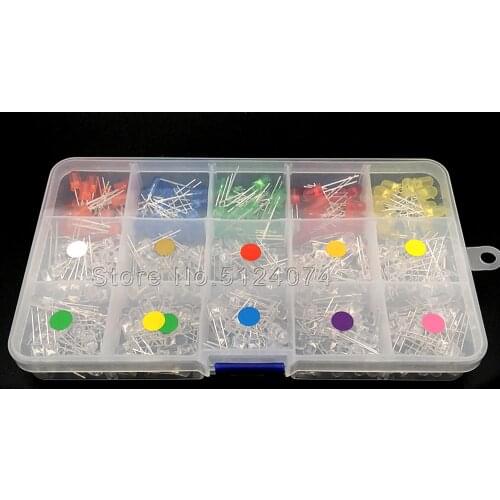 300pcs/lot 5MM F5 LED Mixed Red/Orange/Yellow/Green/Blue/Warm White/Purple/Powder Light Emitting Diode Component Box 15 colors