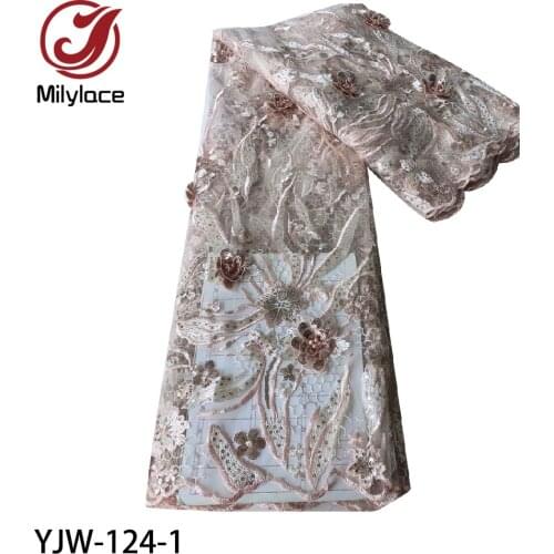 African French Net Lace Fabrics 3d Flowers Tulle Lace Fabric Embroidery Beads and Sequins Mesh Lace for Party YJW-124
