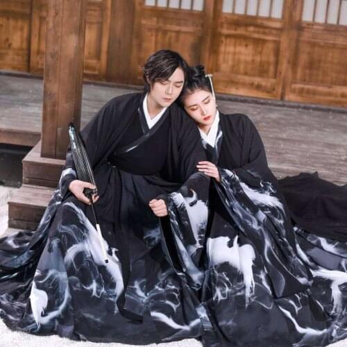 Black Ink Painting Hanfu Men/Women Chinese Traditional Adult Halloween Cosplay Costume Fancy Dress for Couples Plus Size 3XL