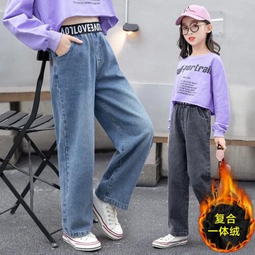 New 2020 Girls Autumn/Winter Letter Elastic High Waist Broad Legs Pants Childrens StylishThin& Tall Comfortable Denim Trousers