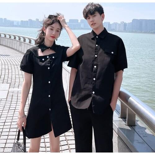 【 F86】2021 summer new couples dress waist temperament little black dress couples clothes couples clothing
