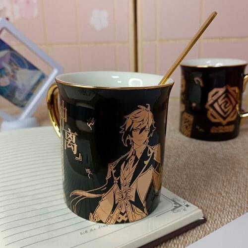 Genshin Impact Zhongli Xiao Tartaglia Ceramic Coffee Water Milk Mug Cup Gold Stamping Men Women Spoon+Cup Lid +Cup Fashion Gift