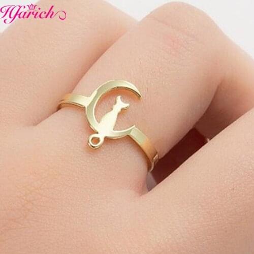 Stainless Steel Geometry Animal Rings Simple Gold Color Moon Cat Adjustable Ring For Women Couple Party Wedding Jewelry