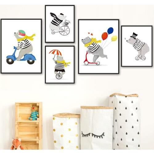 Bear Electric Car Wheelbarrow Bicycle Balloon Wall Art Canvas Painting Nordic Posters And Prints Wall Pictures Kids Room Decor