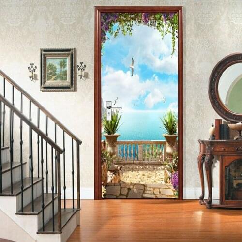 Creative and environmentally friendly 3D blue sky and sea door stickers refurbished self-adhesive bedroom wall stickers