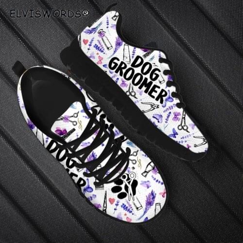 ELVISWORDS Dog Groomer Lavender Tools Pattern Comfortable Flat-Shoes for Woman Ladies Casual Lace-up Sneakers Walking Shoes