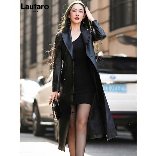 Lautaro Spring Black Waterproof Leather Trench Coat for Women 2021 Long Sleeve Belt Double Breasted Autumn Designer Fashion