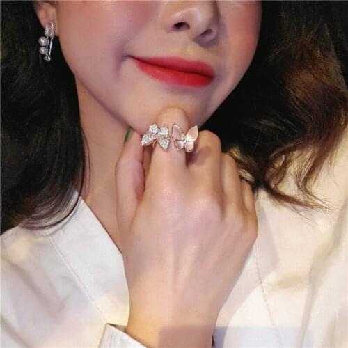Fashion Korean Simple Double Crystal Butterfly Forefinger Rings Trendy Statement Open Adjustable Charm Rings for women jewelry