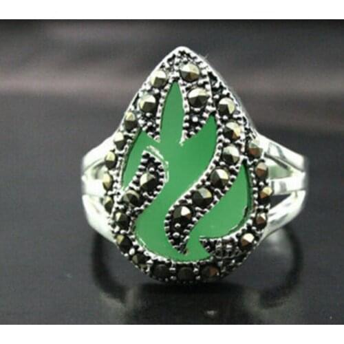 Fashion jewelry Free Shipping RARE GREEN stone & MARCASITE SILVER RING US Size 7.8.9.10 -Bride jewelry