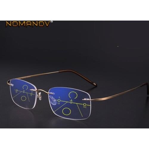 NOMANOV = 8 Colors Titanium Alloy Rimless Progressive Multifocal Reading Glasses See Near And Far ADD +75 100 150 175 200 To 400