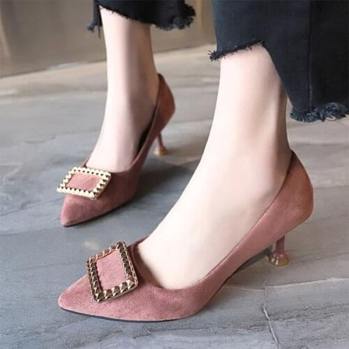 Ol Office Lady Shoes Pointed Toe High Heels Square Metal Pumps Faux Suede Womens Shoes Large Size Dress Shoes Thick Heels 73L08