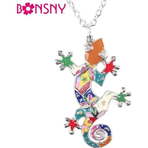 Bonsny Gecko Necklace Enamel lizard Pendant Zinc Alloy Plated New 2016 Fashion Jewelry For Women Statement Accessories