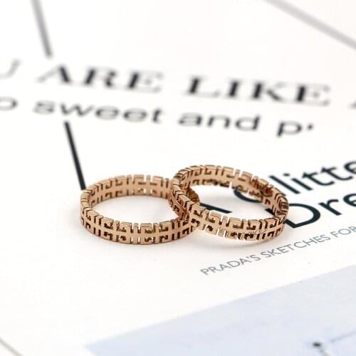 Hollow Retro National Style Maze Ring Great Wall Pattern Non-Edging Style Ring Titanium Steel Rose Gold Ring
