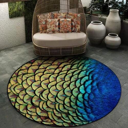 Blue Green Animal Feather 3D Mat Round Floor Mats Living Room Luxury Chair Rug Bedroom Rug Decoration Big Sofa Carpet Soft