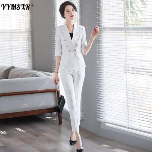 Spring 2020 professional womens pants suit feminine Casual striped elegant ladies blazer jacket Stylish office set high quality