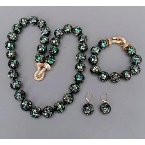 YYGEM Natural Peacock Black Rainbow Abalone Shell 16mm Round Faceted Long Necklace Bracelet Earrings Set CZ Pave Clasps