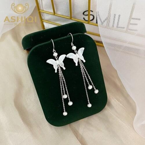 ASHIQI Natural Freshwater Pearl Butterfly Long Earrings 925 Sterling Silver Womens Jewelry Gift