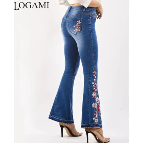 LOGAMI Embroidery Jeans Woman Skinny Flare Pants Denim Ladies Casual Jeans