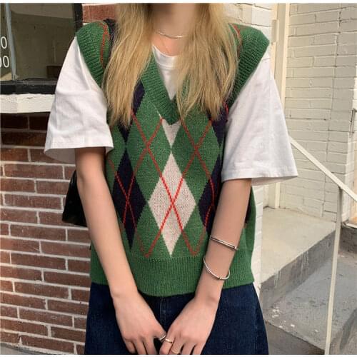 2021 Argyle Knitted Vest Autumn Women Casual Preppy Style Sleeveless V-Neck Plaid Tank Tops Sweater Vest Pullover Tops Outerwear