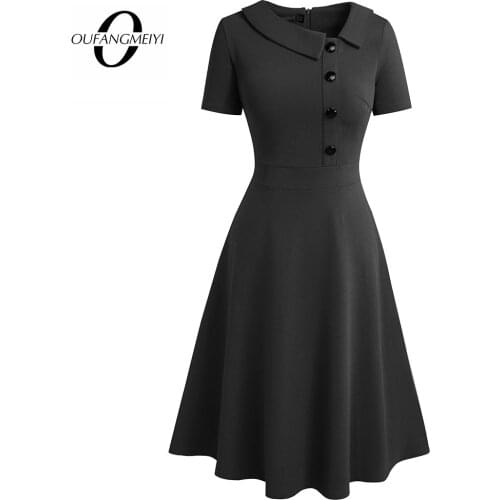 Women Chic Buttons Lapel Casual Short Sleeve Fashion Pure Color Party Swing A Line Dress EA255
