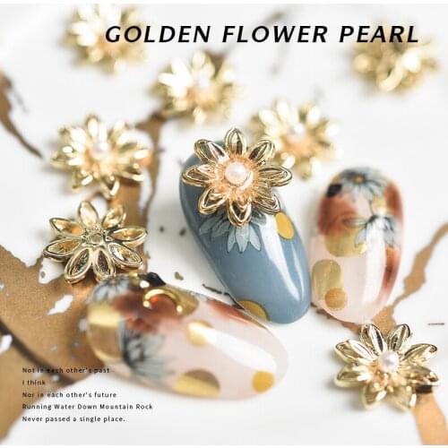 10pcs Janpanese nail art decorations Golden daisy flower sun flower with pearl for nail art DIY ornament gilding nail jewelry