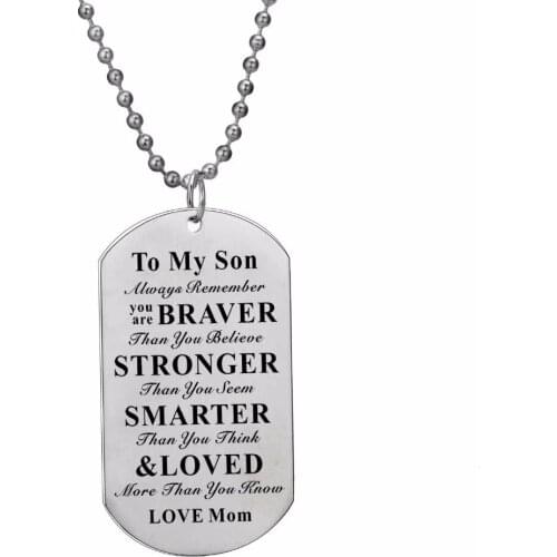 12PC/Lot Always Remember You Are Braver Stainless Steel Dog Tag Pendant To Son Love Mom Chain Necklace Family Inspirational Gift