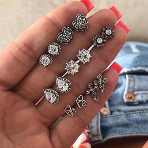 7 Pairs/Set New Fashion Crystal Heart Cross Flower Love Letter Stud Earrings Set for Women Jewelry Gift
