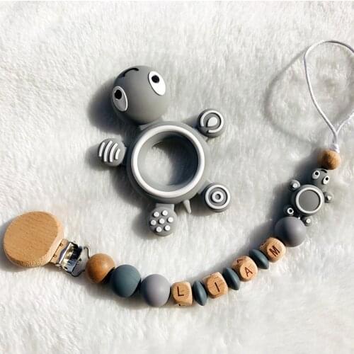 Free Personalized Name Baby Pacifier Clips Silicone Tortoise Dummy Clips Rattle Teething Soother Pacifier Holder Shower Gifts