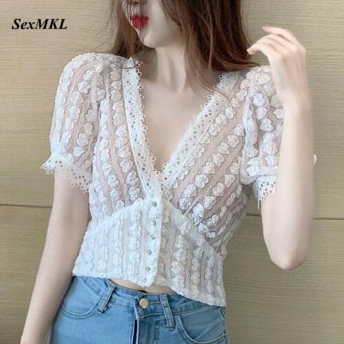 Sexy Lace White Blouses Summer Women 2021 Fashion Casual Hollow Out Ladies Crop Tops Deep V Neck Streetwear Button Black Blouse