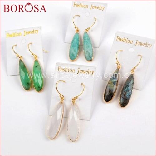 BOROSA Design Gold Color Teardrop White Quartz Crystal Labradorite Faceted Charms Dangle Earrings Gems Jewelry for Women G1524-E
