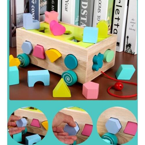 Wooden Pull Along Car Colorful Number Shape Blocks Pairing Education Kids Toy