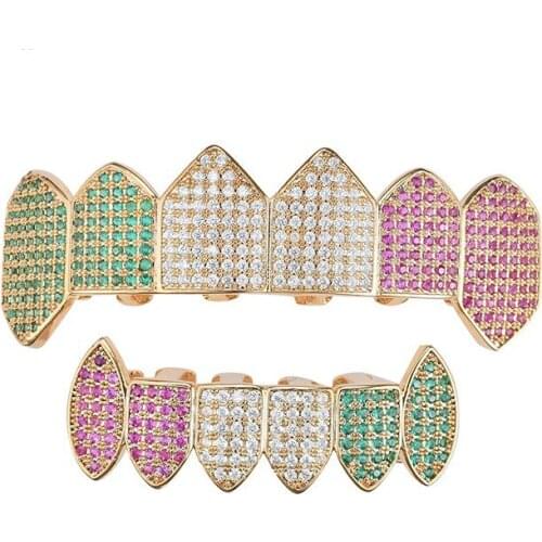 Men Teeth Grillz Hip Hop Gold Teeth Top Bottom Micro Pave CZ Stone Vampire Teeth Set Cosplay Party Body Jewelry Women Gift