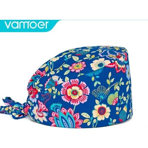 Pet veterinary hat cotton Flowers cartoon print hat adjustable beauty salon nursing cap male surgical hat wholesale scrub caps