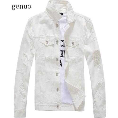 Solid Color Men Destroyed Jean Jacket Punk Hip Hop Raw Edge Cuffs Mens Denim Jacket Ripped Sleeves Denim Coat