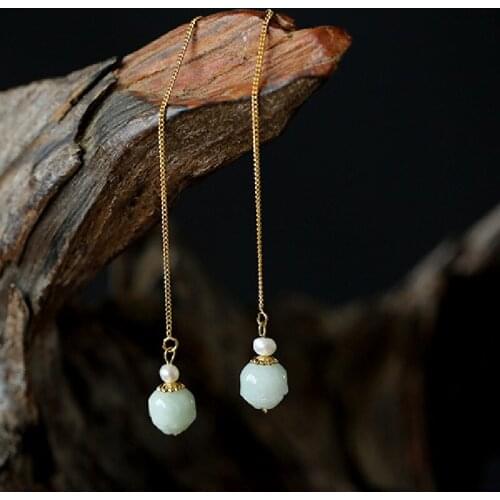 14K Gold-Coated Natural Freshwater Pearl Natural Jade Lotus Earrings Female Long Temperament 2021 New Earrings