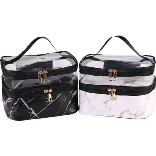 Marble Pattern Makeup Bags Travel Double Layer Cosmetics Portable Storage Case for Women Girls Reusable Toiletry Organizer