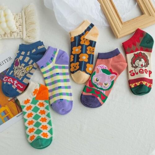 Vintage Boat Socks for Women Girls Hairless Cat Flowers Stripe Summer Spring Autumn Sock Cotton Comfortable Harajuku Short Socks