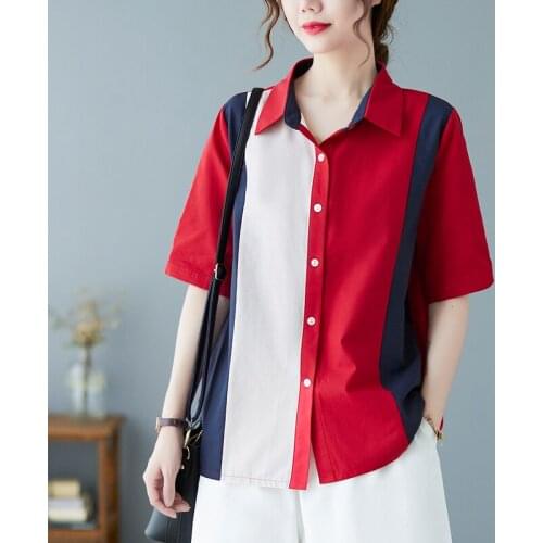 Causal loose cotton linen shirts ladies shirts short Sleeve Womens Blouses Vogue patchwork print Shirts Tops Blusas Mujer