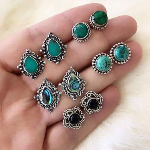 10 Pcs/Set Women Fashion Vintage Flowers Geometric Round Gem Stud Earrings Set Personality Party Wedding Bohemian Jewelry