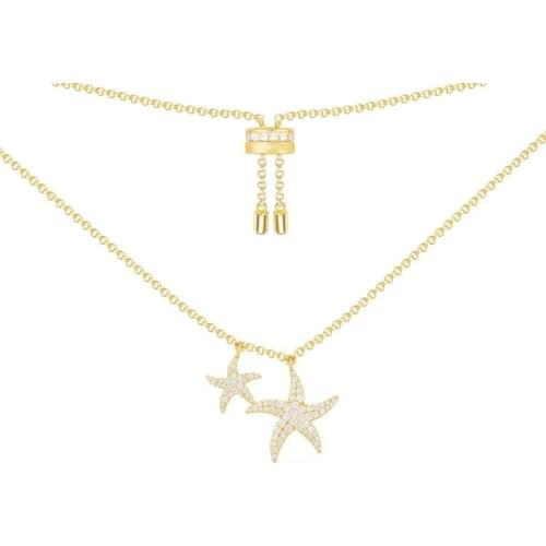 SOELLE Fashion Real 925 Sterling Silver Gold Color Double Starfish Sea Star Pendant Adjustable Necklace Women Fine Brand Jewelry