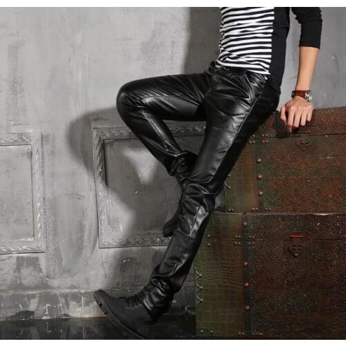 Spring and autumn thin mens PU pants tight-fitting male slim mens clothing brief casual feet leather trousers mens splice black
