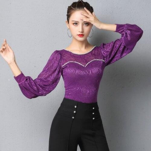 Latin Dance Competition Shirt For Women Long Sleeve Pearl Tops Female Latin Dance Practice Clothes Rumba Tango Dancewear DQL4395
