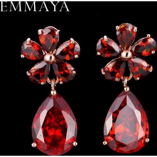 EMMAYA Red Stones CZ Earrings For Womens Water Drop Shape Cubic Zirconia Crystal Earings