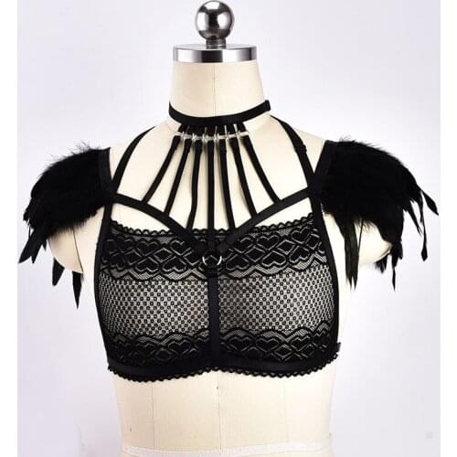 Feather Bralette Top Boho Lingerie Festival Rave Halloween Costume Sexy Lace Body Cage Bondage Harness Mature Sexy Underwear