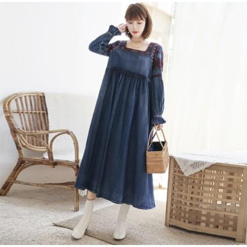 Autumn Womens Denim Patchwork Dress Q82187 Vintage Embroidery Lantern Sleeve Loose Dress Square Collar A-Line Vestidos