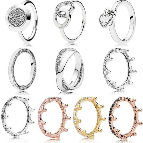 10 Style Women 925 Sterling Silver Rings With Rose Gold Crown Winding Circle Crystal Ring For Women Jewelry