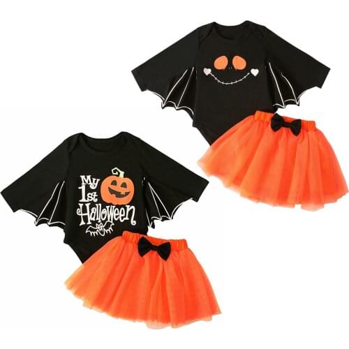 2Pcs Babys Clotehs Halloween Costumes Outfits Pumpkin Smiling Face Batwing Sleeves Romper Elastic Skirt With Bowknot For Girls