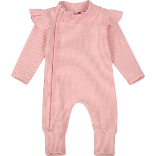 Baby Newborn Zipper Solid Ribbed Romper Jumpsuits Long Sleeve O Neck Boys Girls Infant Toddler Autumn Cotton Rompers 0-18M